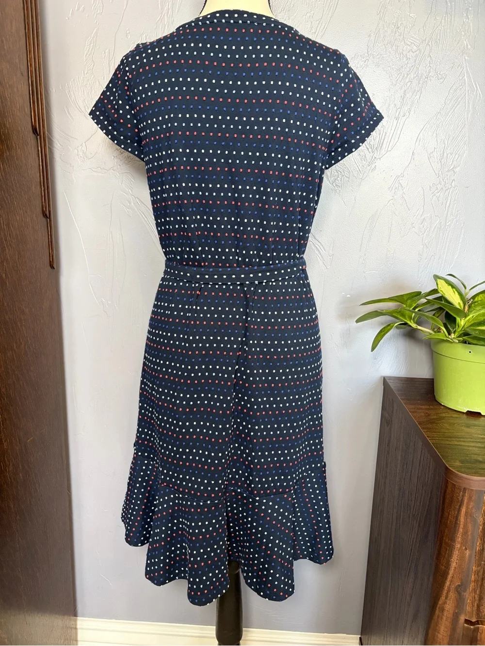 Loft Texture Navy Polka Dot Tie-Waist Dress 100% Cotton XS - Picture 4 of 7